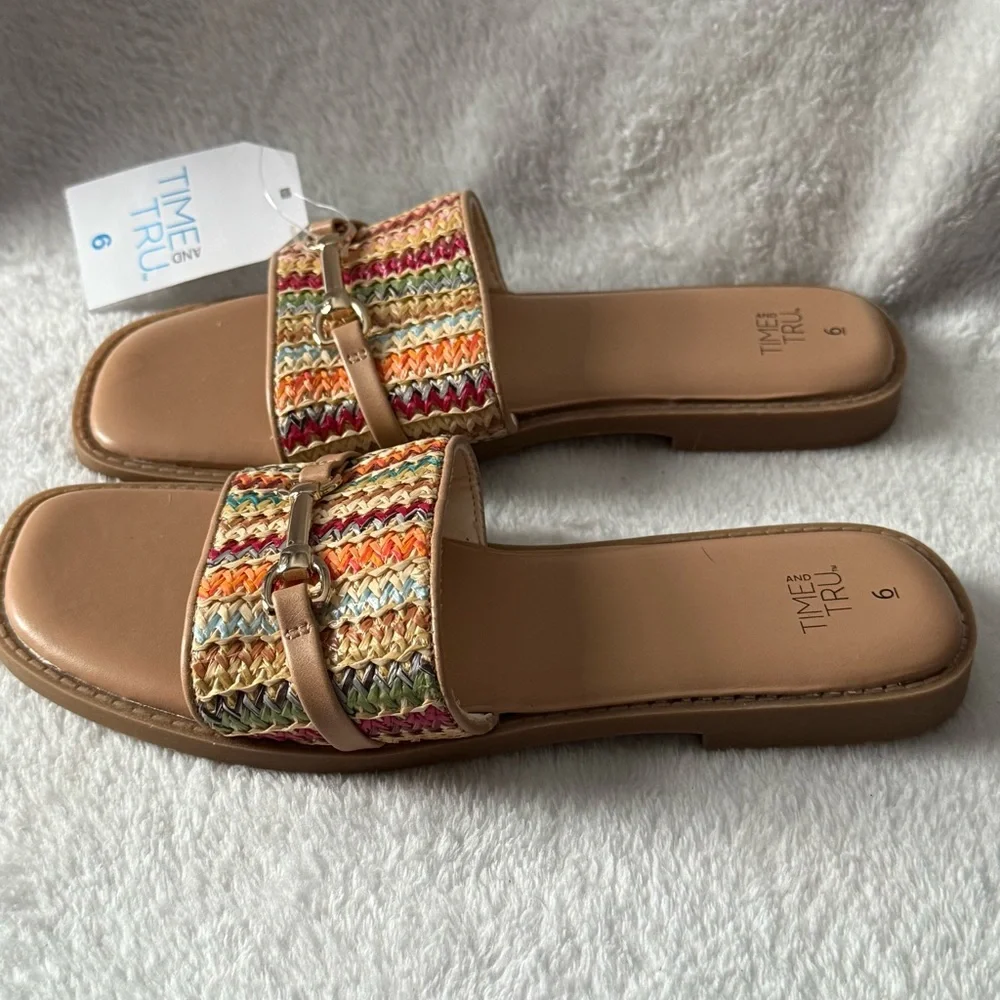 Time and‎ Tru Multicolor Woven Slide Sandals Women’s Size 6 Open Toe Slip On